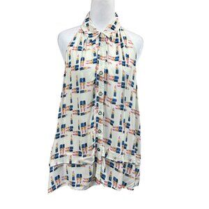 Maeve Novelty Print Lipstick Makeup Halter Button Collared Top Sz 6